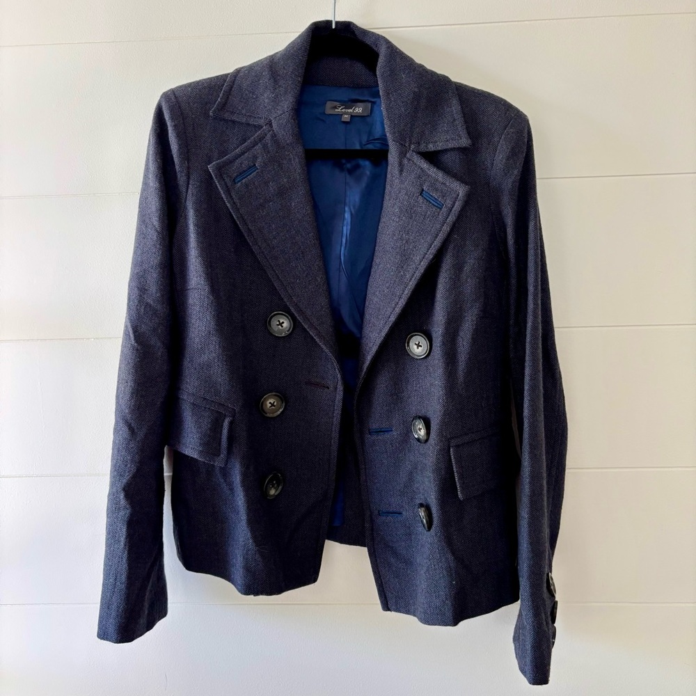 Level 99 Navy Herringbone Double-Breasted Blazer